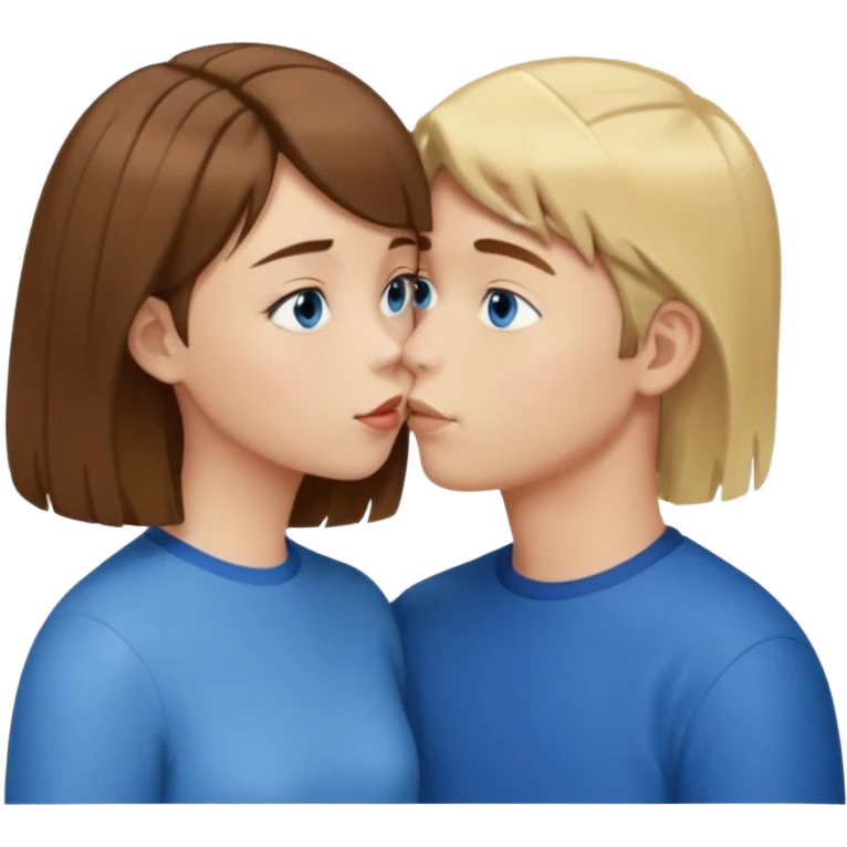 una ragazza con il caschetto marrone che bacia un ragazzo con i capelli biondi e gli occhi azzurri emoji