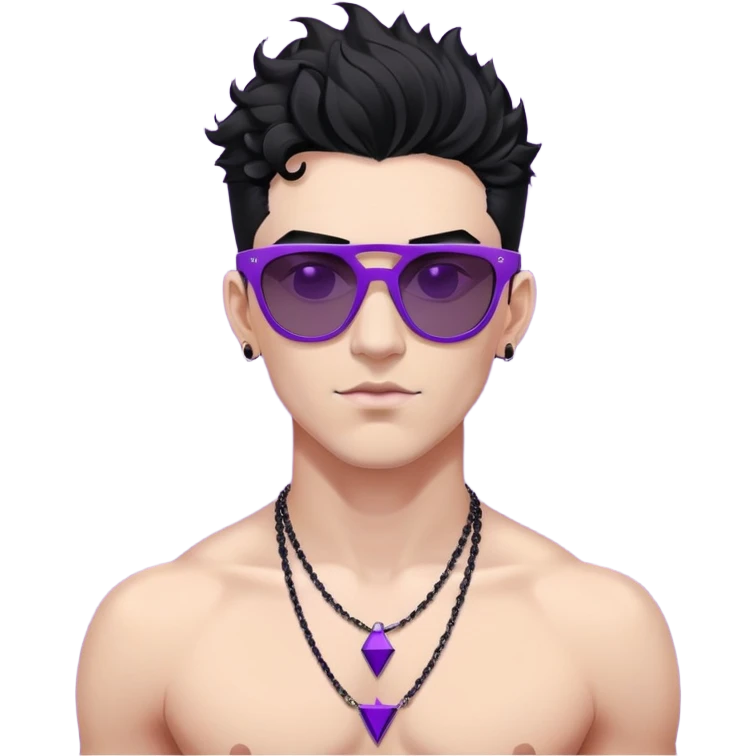 shirtless male athlete with white skin and moderately curly black hair on top with shaved sides, wearing sharp angular geometric purple sunglasses with very dark heavily tinted black lenses, and a simple plain black chain necklace, no earrings emoji