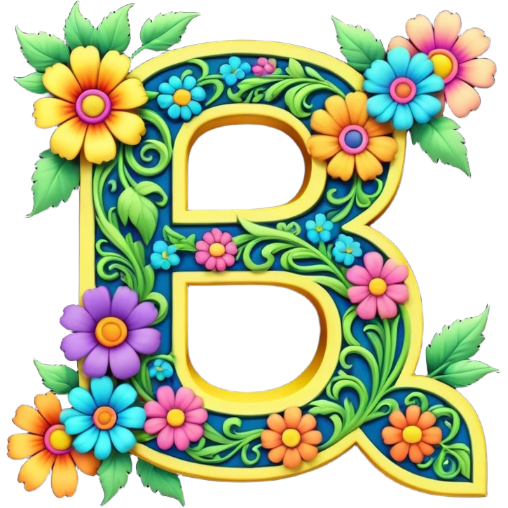 3D, gothic style psychedelic colored Letter S with hippie style flower border emoji