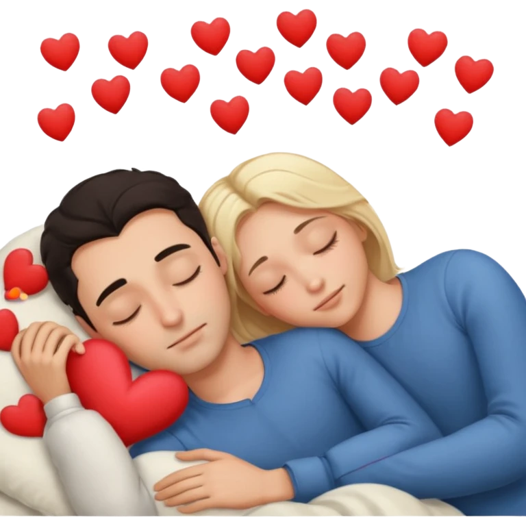 Sleeping romance couple. man has dark hair. woman is blonde. hearts around them. no third person. emoji