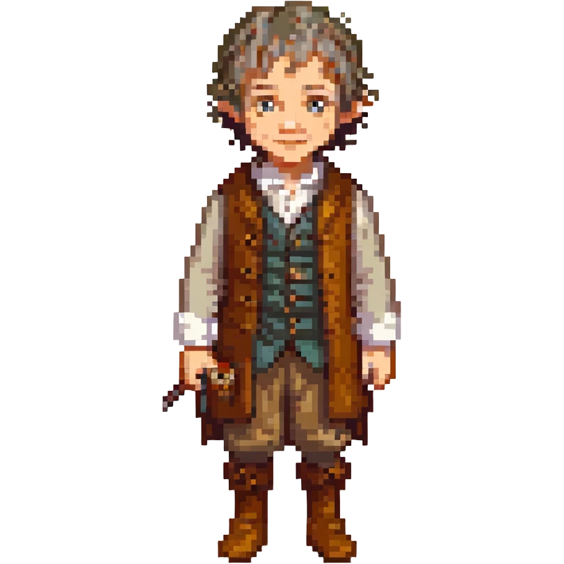 Whole body image of bilbo baggins from the hobbit movie in pixel art style. Bilbo is younger. Make Bilbo look like the actor that portrayed him in the movie, Martin Freeman. Bilbo is wearing the same outfit he was wearing when he left the shire with Thorin Oakenshield. emoji
