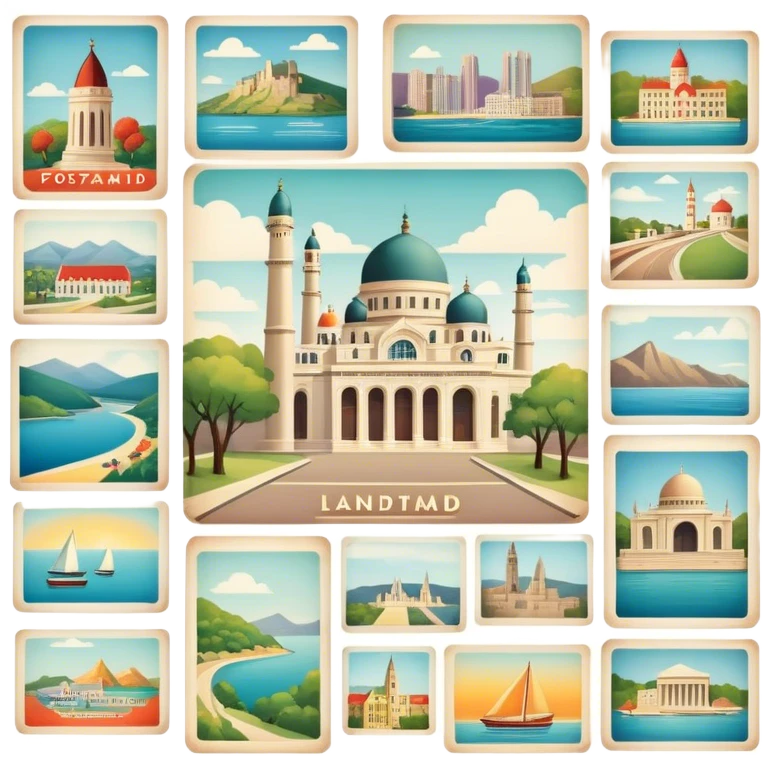 Icon for Postcard Collecting: a collection of colorful vintage postcards, featuring scenic views, landmarks, and greetings, arranged neatly in an album or on a display board. The icon should convey the charm and nostalgia of postcard collecting. Transparent background. emoji