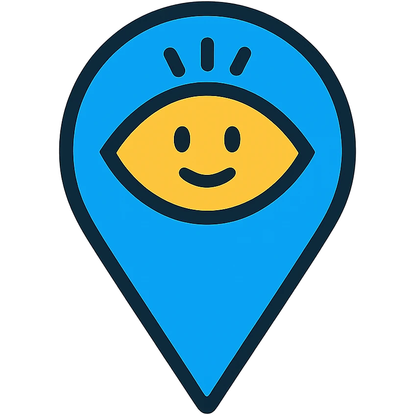 Edit the existing blue map pin icon by adding a simple digital eye or AI face element in the center of the pin. Keep the overall style minimal and modern. Do not include any service name at the bottom. emoji