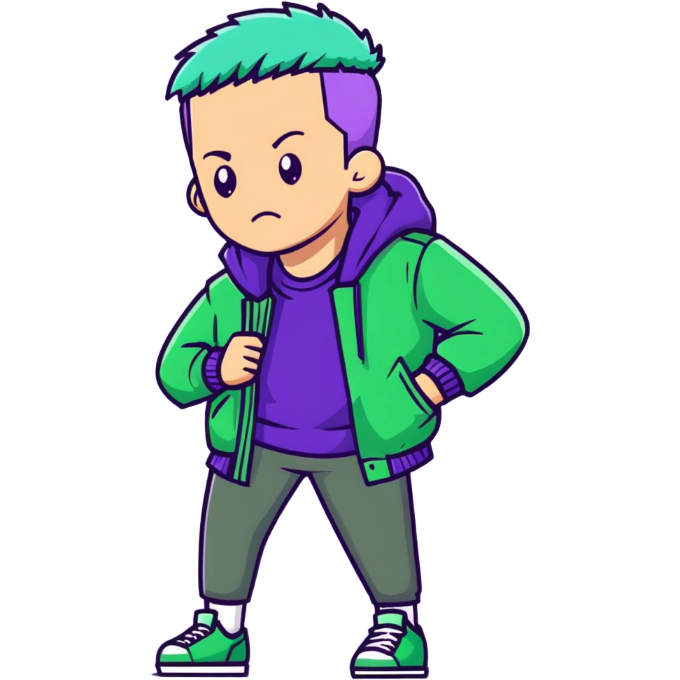 Man with stylish green jacket and purple hair, strong pose, bold expression, modern clothing style emoji