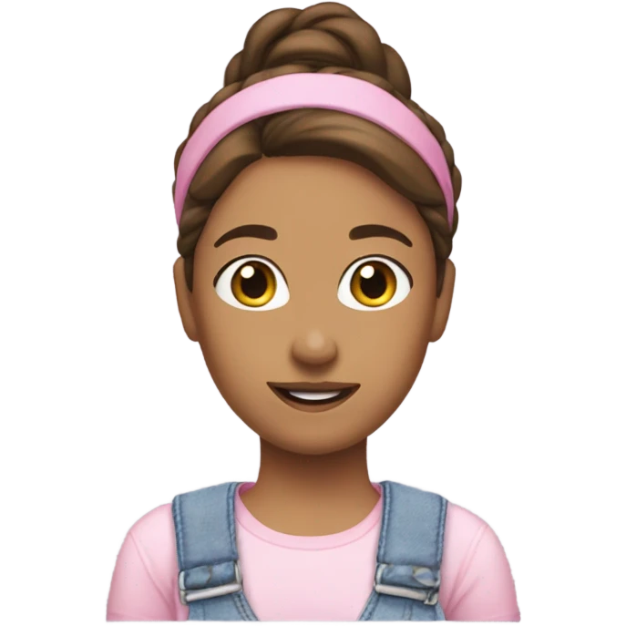 A skin white woman with brown hair in pony tail wearing white headband, pink t shirt and overalls  emoji