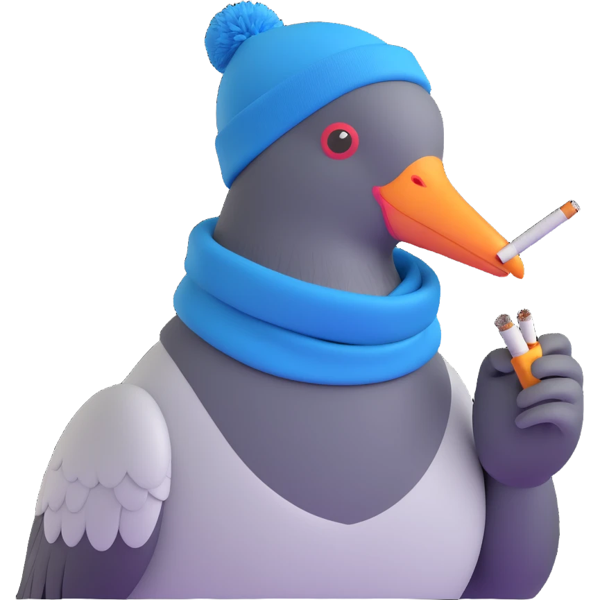 hipster pigeon with a beanie and scarf, smoking a cigarette, trendy look emoji