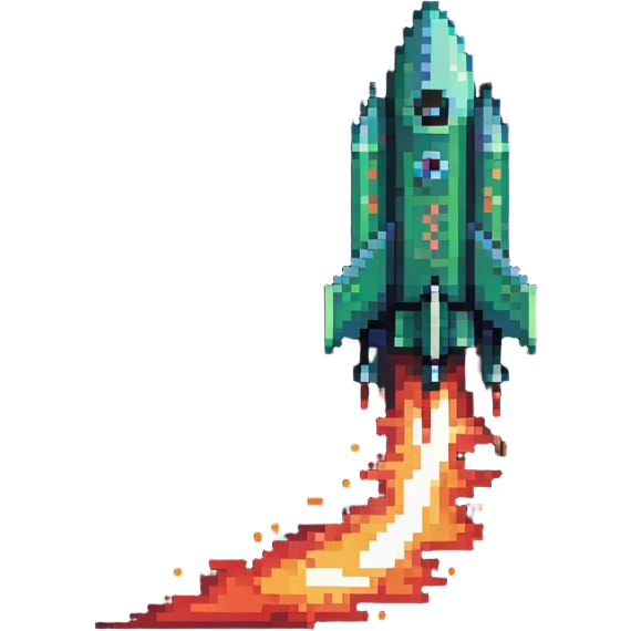 green to red gradient rocket flying diagonally to the upper right corner, with pixel art flame trail emoji