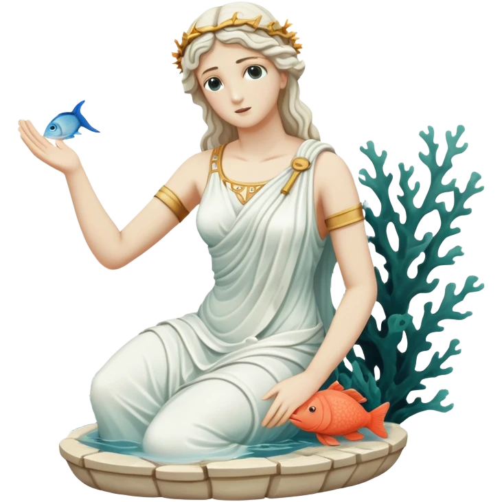sunken white female greek statue, broken, include water and coral in the sea, sea weed, fish emoji