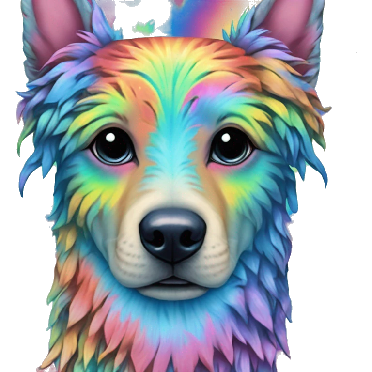 Multicolored rainbow retro groovy tie dye hippie trippy floral patterns on a metallic holographic iridescent blue dog face head unicorn emoji