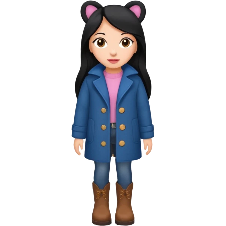 Gordita, ojos pequeños de color cafe oscuro, labios pequeños y rosados, piel trigueña, orejas pequeñas, cabello largo lazio y negro, pequeña. cuerpo completo. vestida con saco de lana jean color azul y botas color café. No le pongas orejas emoji