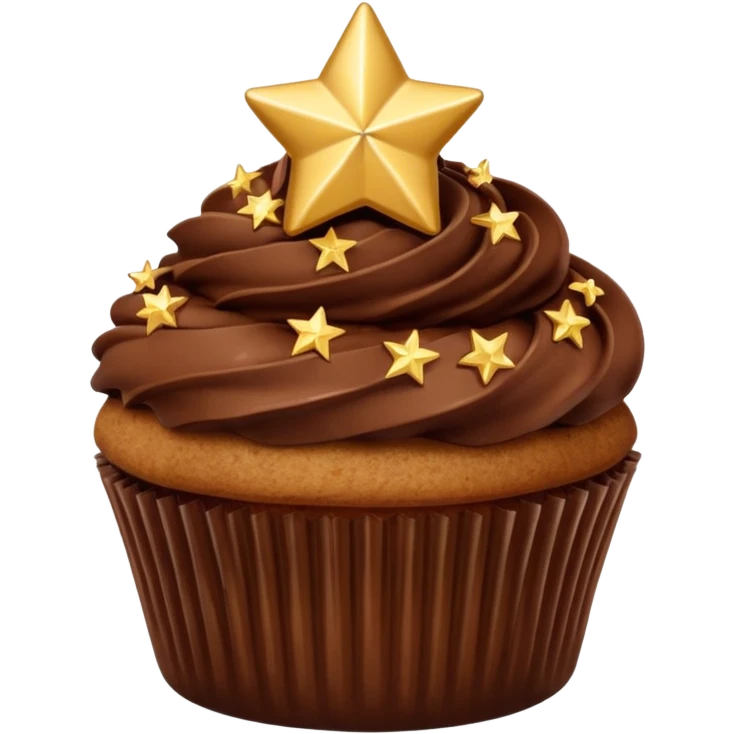 cupcake with brown chocolate frosting and gold stars emoji