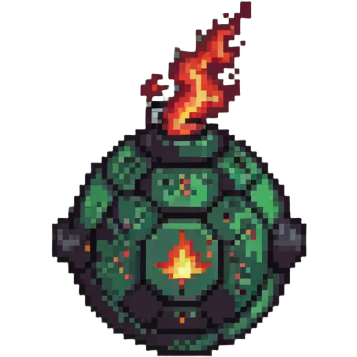 Red digital bomb with flame-shaped fuse at the top, round black bomb body with red accents, pixel art style emoji