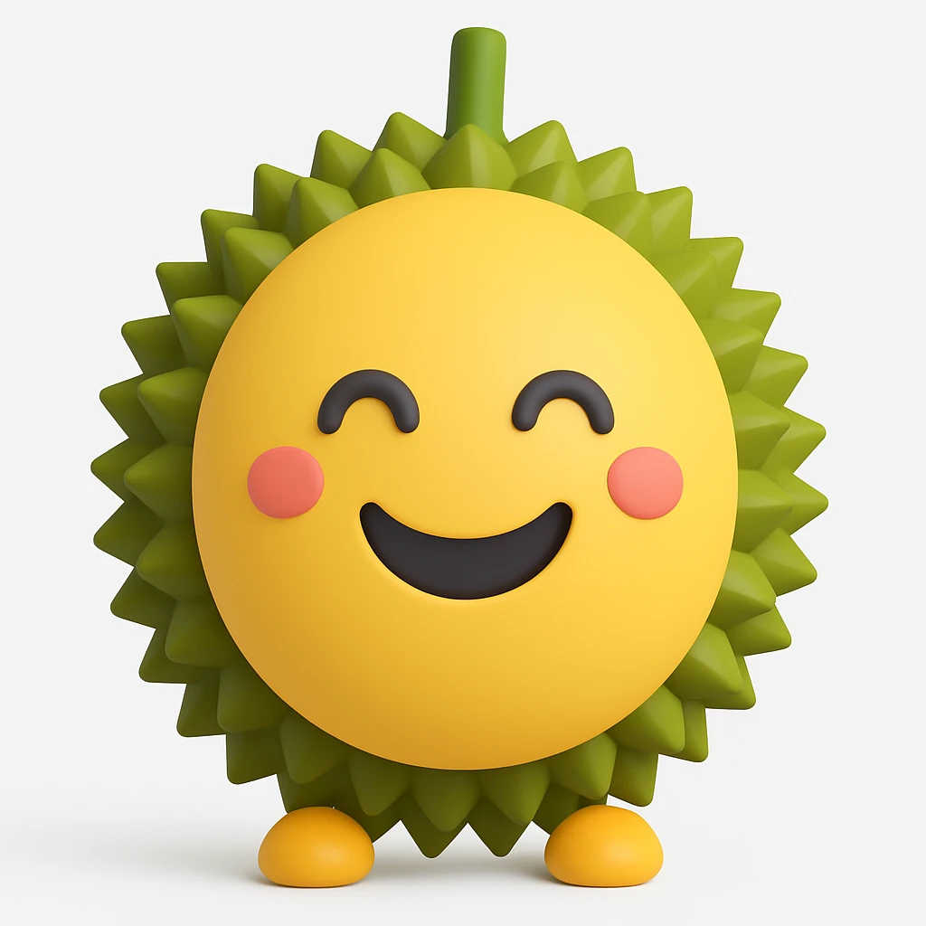 Change the expression of the durian character to a happy face, keeping all other characteristics the same, in the style of microsoft style 3d fluent emojis. emoji