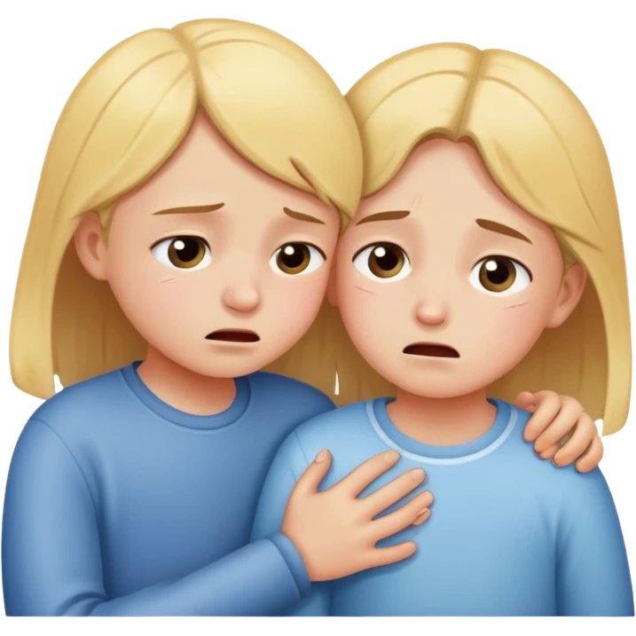 two children, one comforting the other who is crying, caring and friendly emoji
