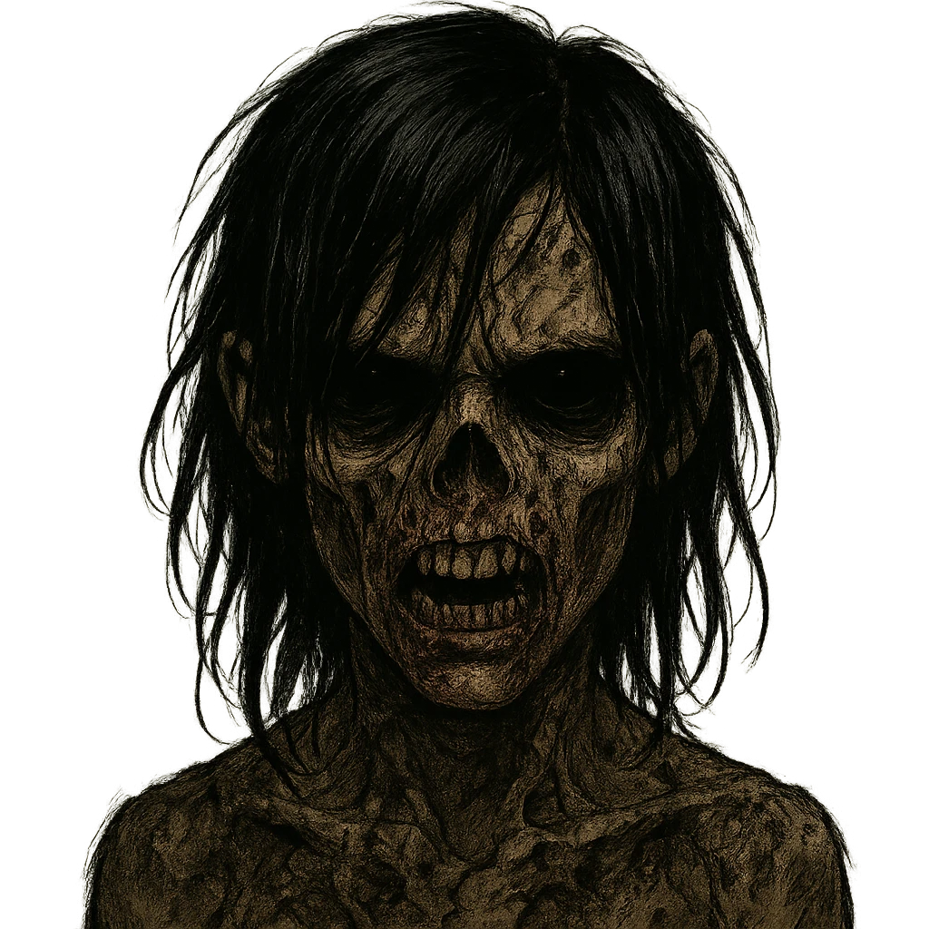 boy zombie with black hair, emo style, creepy, long hair, scary, black eyes, brown skin, more intense expression emoji