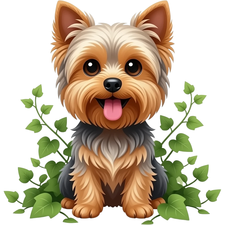 Yorkie dog smiling tongue out sitting among ivy emoji