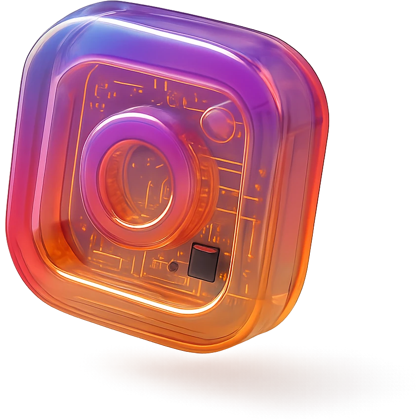 Modern Instagram logo with circuit board patterns and glossy finish, transparent background emoji