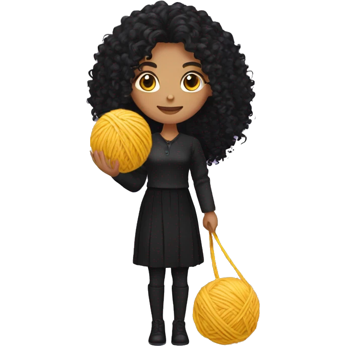 woman with long black curly hair holding one ball of yarn wearing black clothes emoji