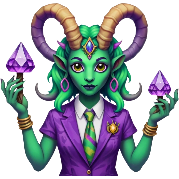 Feminine green and purple Scorpio Baphomet standing among trippy tie-dye mushrooms.. she’s holding a crystal in one hand and  holding a scorpion  emoji