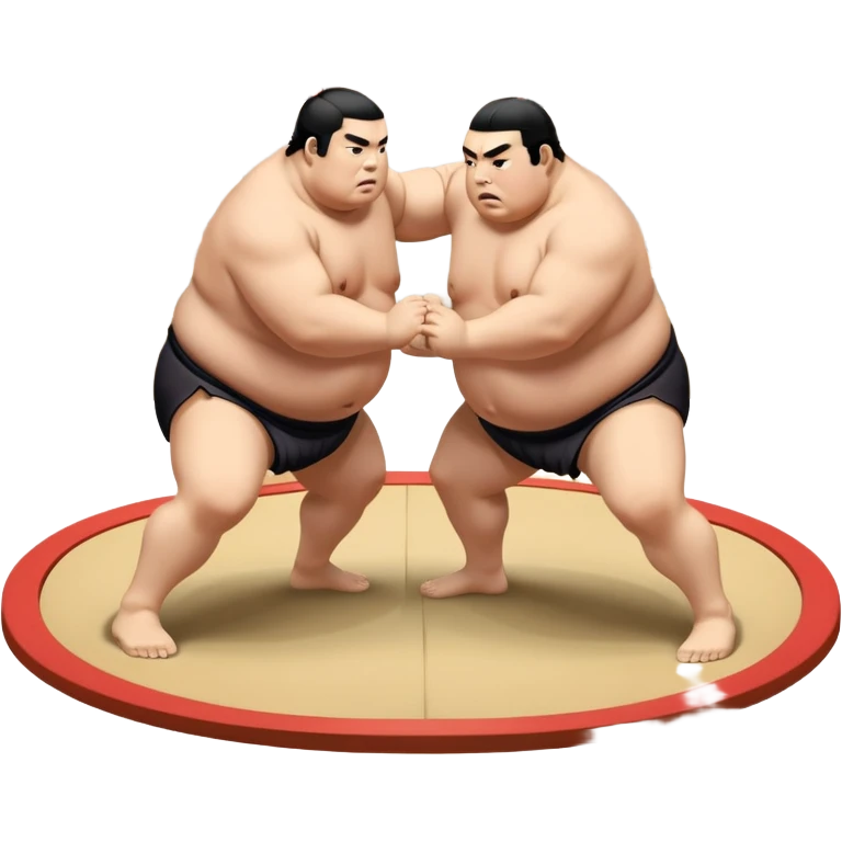 Two sumo wrestlers in a classic dohyo ring, each displaying powerful stances and ready to engage in a fierce match. One wrestler attempts a pushing attack, while the other counters with a thrust. The background shows the traditional sumo arena and spectators. Transparent background. emoji