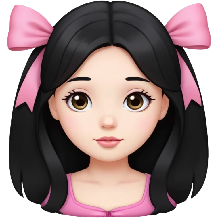 cute round face with long black hair and pink bow on the side emoji