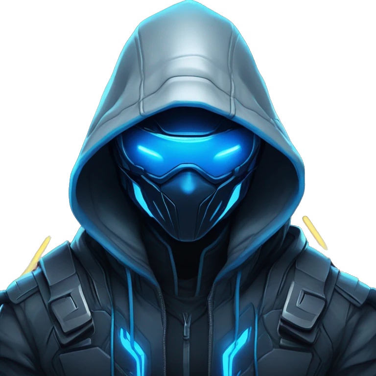 developer behind his laptop with this style : crysis Cyberpunk Valorant neon glowing bright blue character blue black hooded assassin themed character emoji