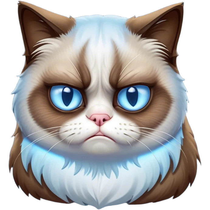 Cinematic Meme-Worthy Grumpy Cat meme Portrait Emoji, Head held high but eyes filled with dramatic disappointment, soft brown fur , white paws planted firmly in defiance, signature grumpy cat frown perfectly etched on its face, icy-blue eyes radiating pure disapproval, Simplified yet hilariously over-exaggerated features, highly detailed, glowing with an aura of supreme annoyance, high shine, exhausted yet judgmental, stylized with an almost regal pettiness, bright but brooding, soft glowing outline, capturing the essence of a feline that has seen it all and is thoroughly unimpressed, so meme-worthy it feels like it could instantly become the next viral sensation of grumpiness! emoji