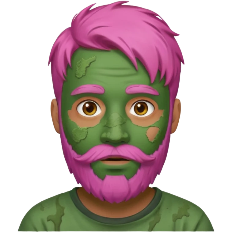 pink haired man with full full face dirty messy green clay mask and beard emoji