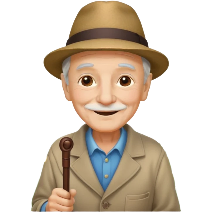 old man with a cane, smiling, wearing a hat, standing near flowers, peaceful atmosphere emoji