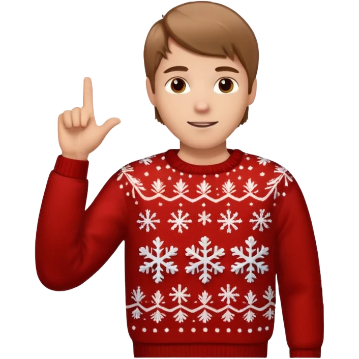 A guy pointing up with one hand and he has a christmas sweater with snowflakes in it. He has brown light hair. emoji