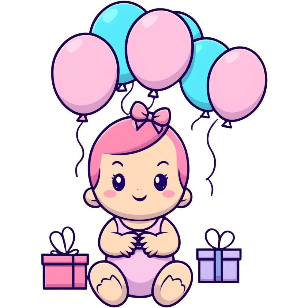 happy baby girl surrounded by pastel pink balloons and presents at birthday party emoji