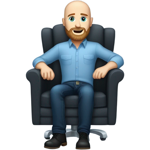 Brown beard Wearing a black dress shirt with a subtle pattern, blue jeans and black Chelsea boots Bald, Caucasian, sky-blue-eyed, Psychotherapist in a modern chair with a full beard emoji