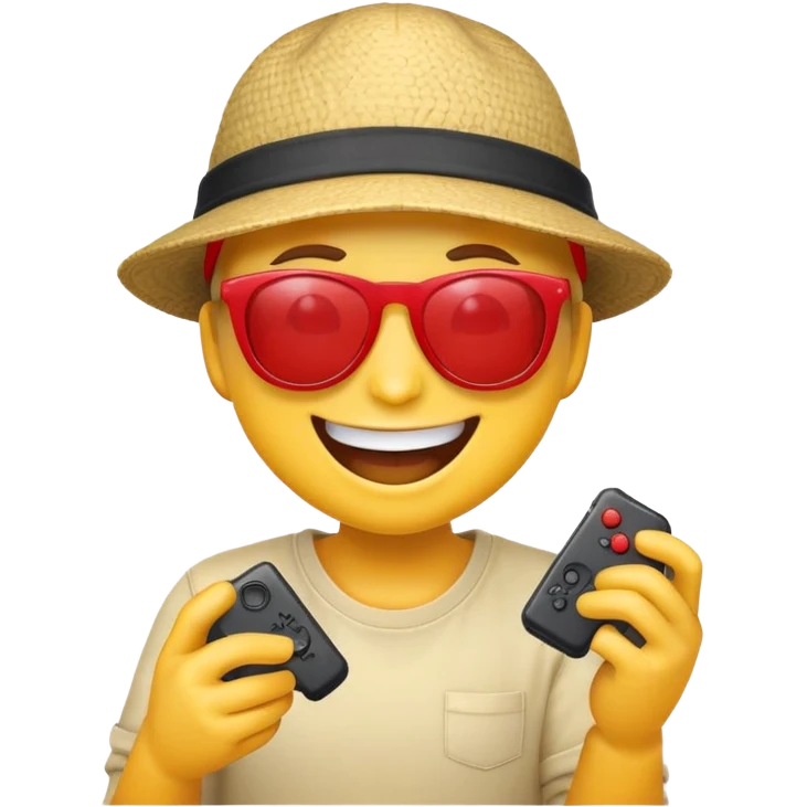 Laughing emoji with red sun glasses and a hat playing video games emoji
