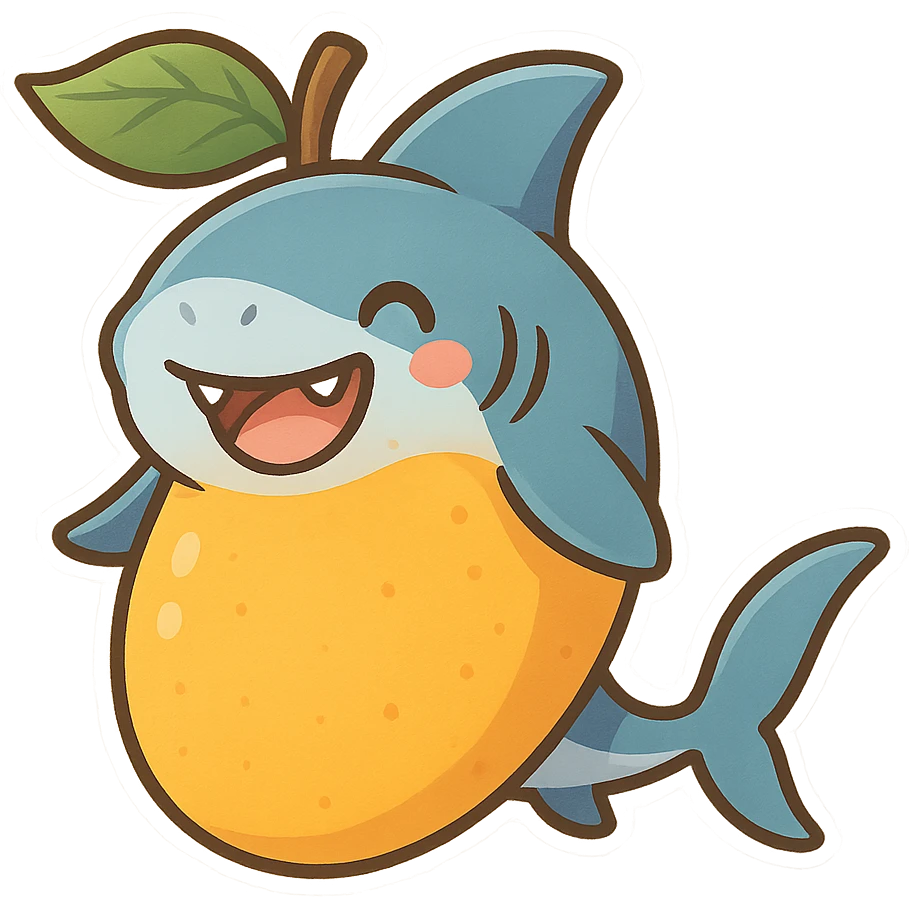 a playful and imaginative mango infused with a shark, cartoon style, whimsical and fun emoji