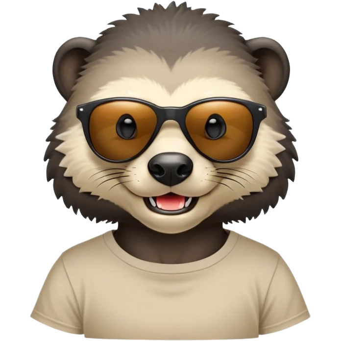 friendly anthropomorphised honey badger head and neck wearing sunglasses, top of t-shirt visible emoji