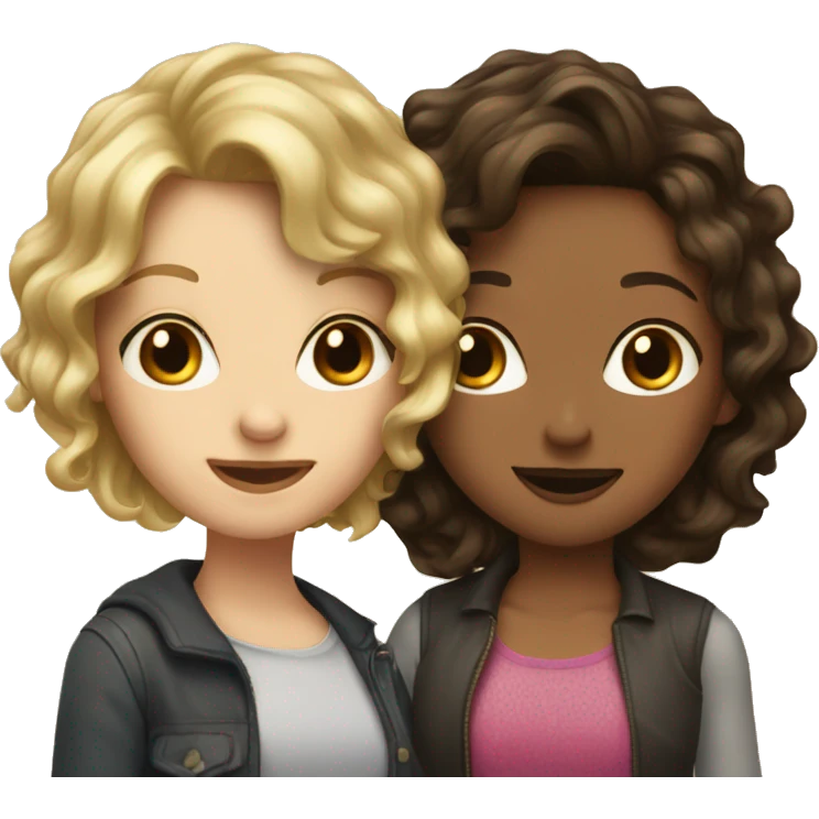 a blonde girl with wavy hair and a brunette girl with short hair kissing emoji