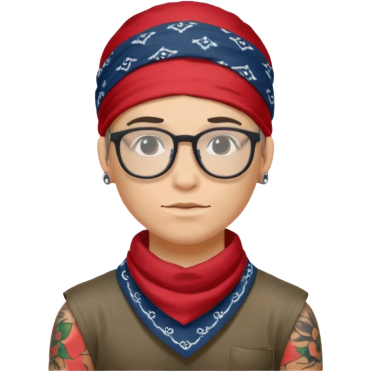 character with bandana and glasses and tattoted emoji