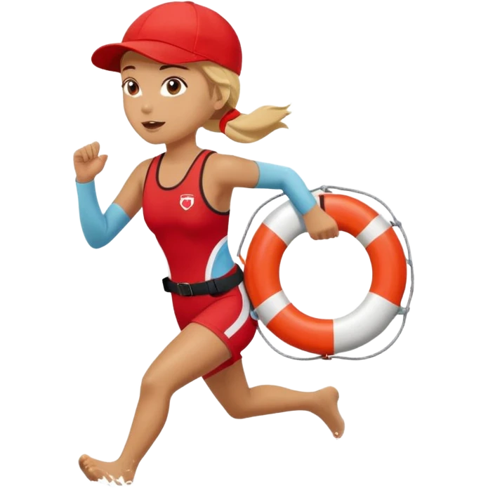 Female lifeguard – red cap, running along shore with rescue buoy emoji