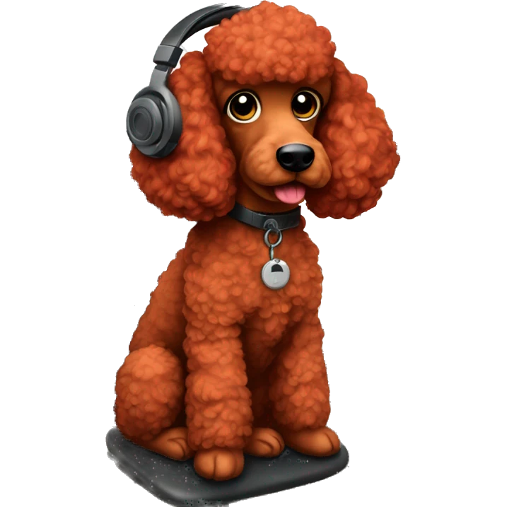 I want a red poodle sitting in front of a old computer screen with gaming headset on emoji