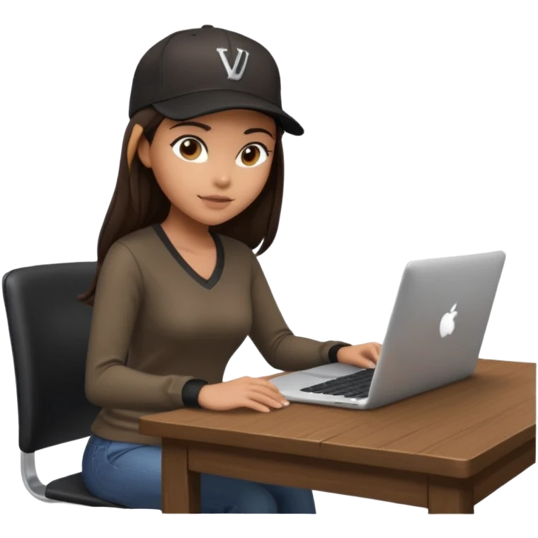 A professional 3D avatar of a young woman with olive skin and long, dark brown hair, wearing a dark, long-sleeved V-neck brown shirt and a black baseball cap. She's sitting at a sleek wooden desk, typing and looking at a silver MacBook.  emoji