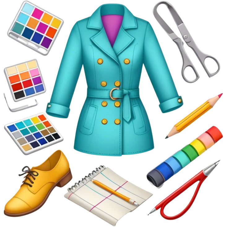 Icon for Fashion Design: sketches of clothing, shoes, and accessories with design tools like a pencil, fabric swatches, and a measuring tape. The icon should represent creativity in fashion design and tailoring. Transparent background. emoji