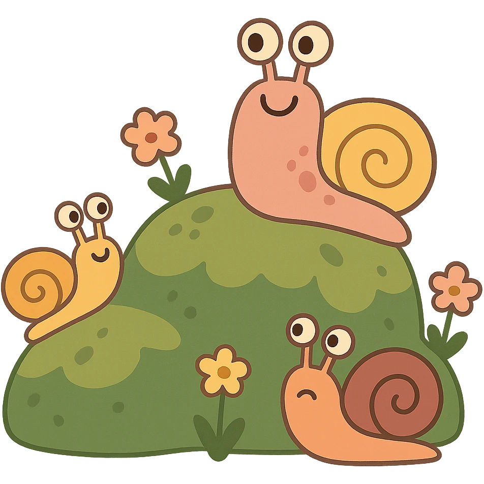 mossy rock with snails and small flowers in earthy pastel colors, pastel-toon style emoji