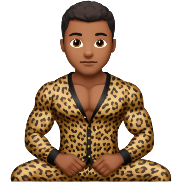 Handsome Black guy with brown skin tone, with muscular build, wearing black leapard print pajamas  emoji