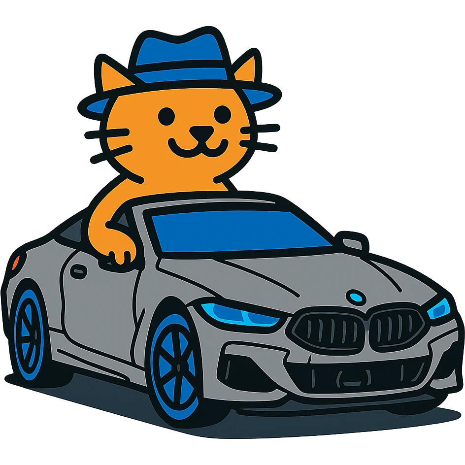 A cat wearing a hat and riding a gray BMW M8 emoji