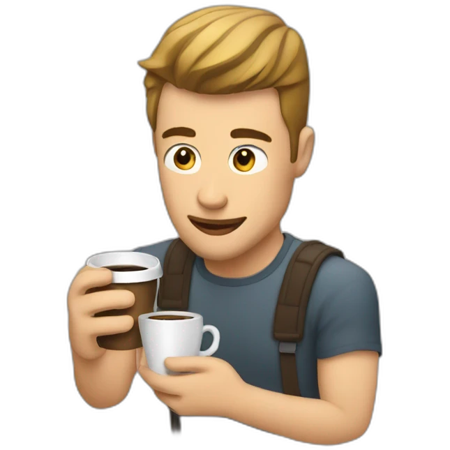 A man looking at his mobile and drinking coffee emoji