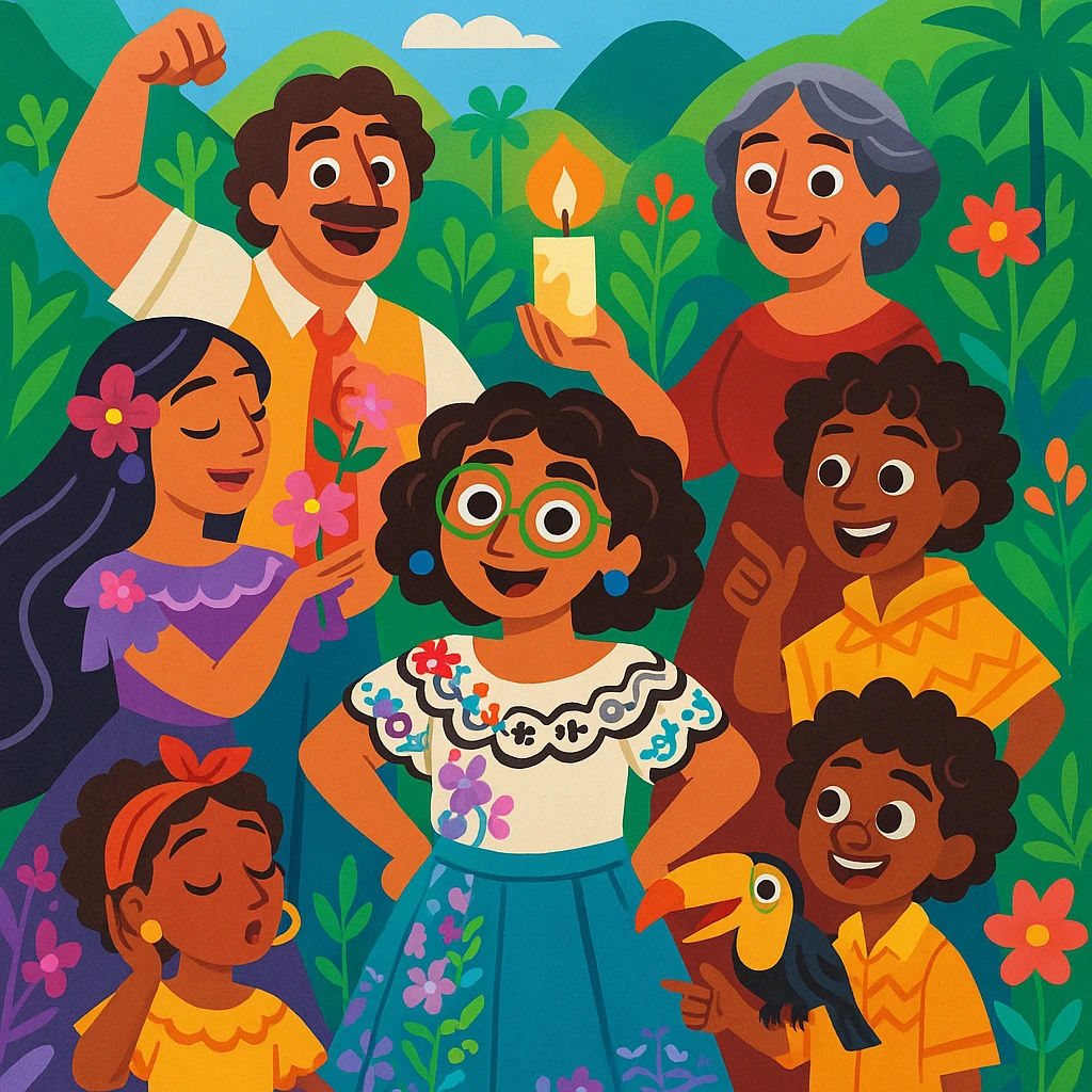 Encanto family group, stylized cartoon, each member showing their magical power, lush Colombian background, cheerful expressions emoji