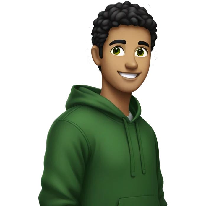 A young man with black hair and green eyes. Wearing a dark green hoodie. Smiling. emoji