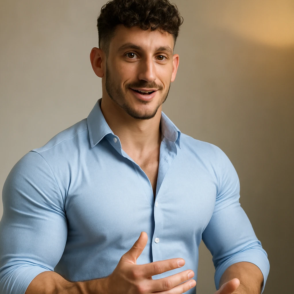 Create a realistic man with a face inspired by the provided photo, but with a muscular body: well-developed and prominent chest and biceps. The face should resemble the photo, while the body should be athletic and defined. The style should be realistic with a positive and motivational atmosphere. emoji
