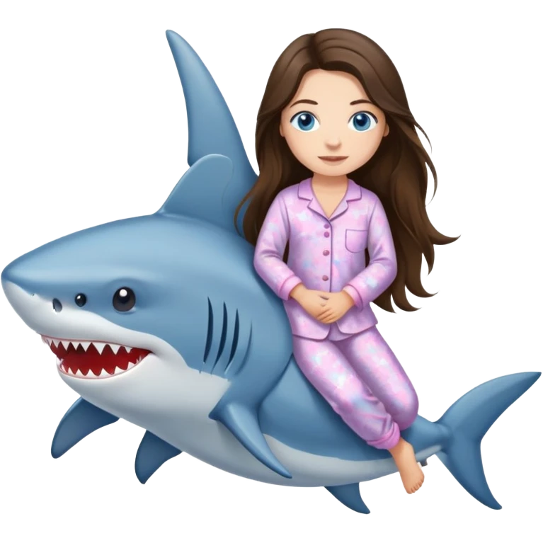  brunette long hair girl blue eyes in pyjamas riding shark emoji