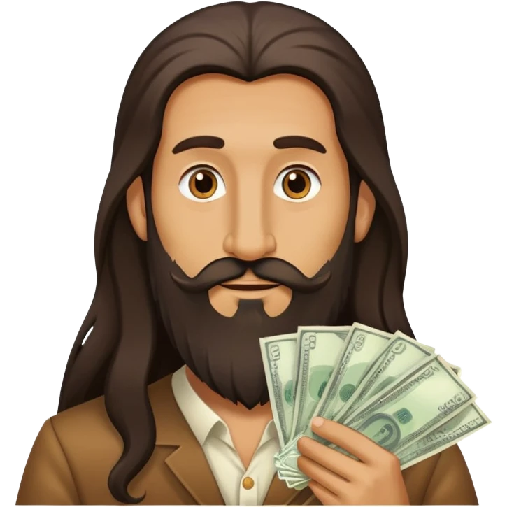 Stereotypical Jew with super long nose,hair, and beard with no mustache holding money emoji